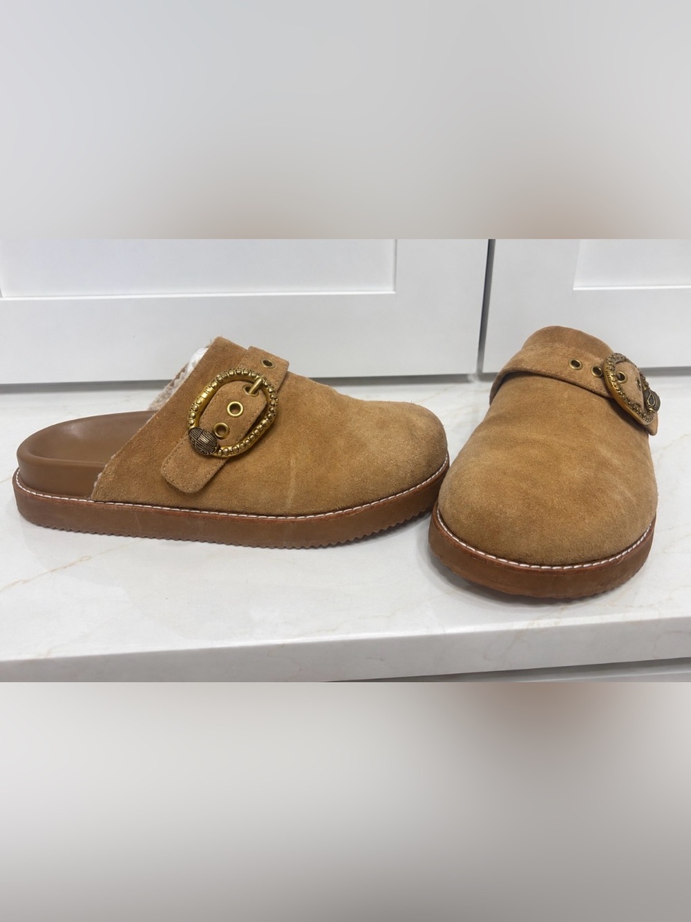 Kurt Geiger London Suede Buckle Clogs Mules Tan Brown Size 39